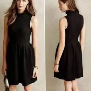 GANNI S Anthropologie Black Textured Ruffle High Neck Fit Flare Sleeveless Dress